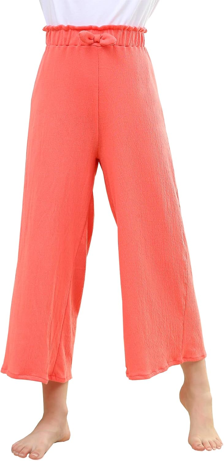 V.&GRIN Girls Wide-Leg Pants, Pull-On Tie-Waist Stretchy Lounge Pants for Girls 8-16 Years: Clothing