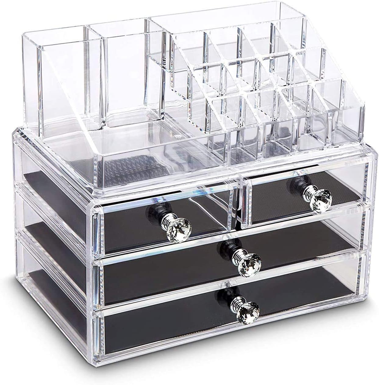 iPEGTOP Acrylic Clear Make Up Organiser Cosmetic Storage Box Display Makeup Case, 20 Sections with 4 Drawers, Diamond Drawer Handle: Home Improvement