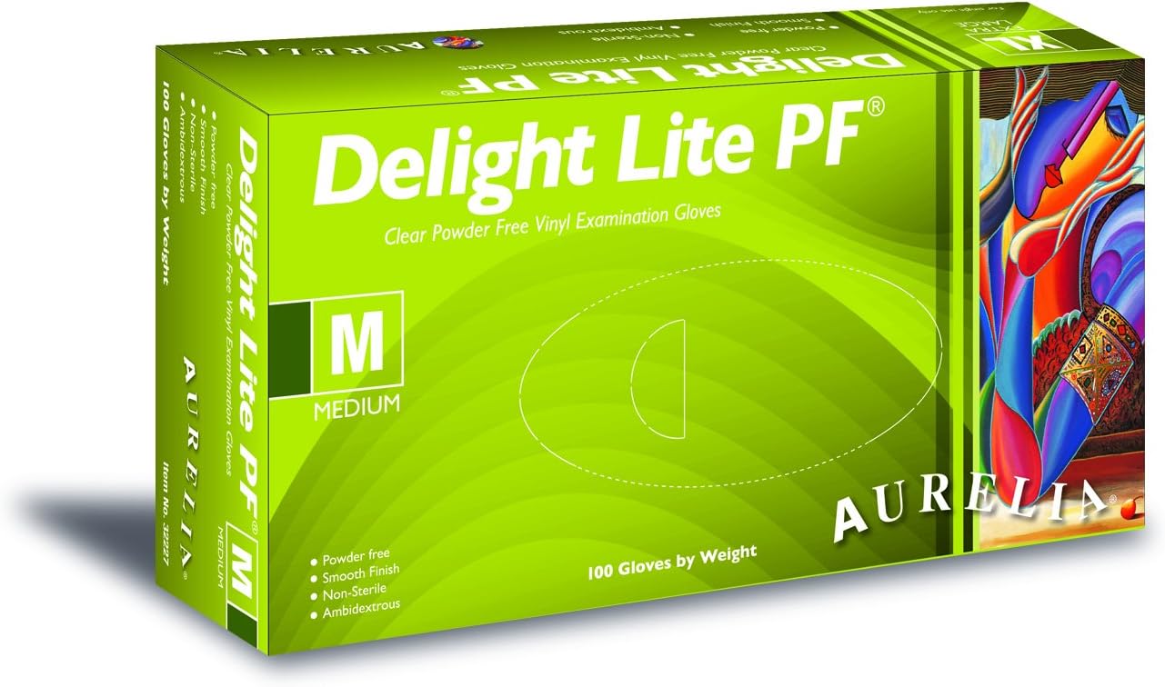 Aurelia 322227 Delight Lite Powder-Free Glove, Medium, Clear, Pack of 100