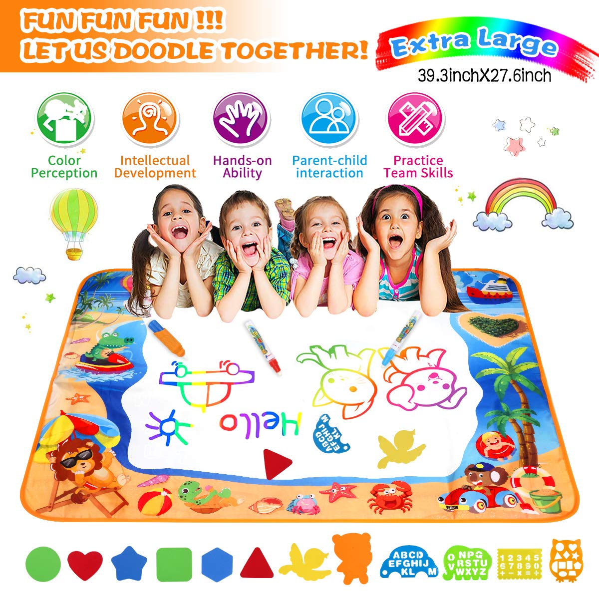 Hommate Water Doodle Mats Drawing Mat Multicolor Large Size 39.3 x 27.6 Inch Sea World Educational Learning Birthday Toys Gifts for 2 3 4 Years Old Girls Boys Tolddlers Kids