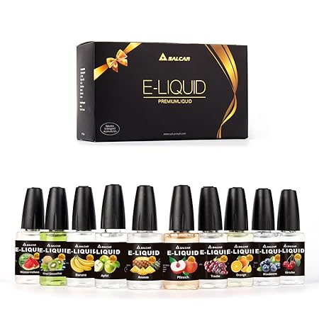 Salcar® 10 Pack 20ml E-Liquid für E-Zigarette, 0,0mg Nikotin, Apfel, Ananas, Banane, Blaubeere, Orange, Pfirsich, Traube, Was