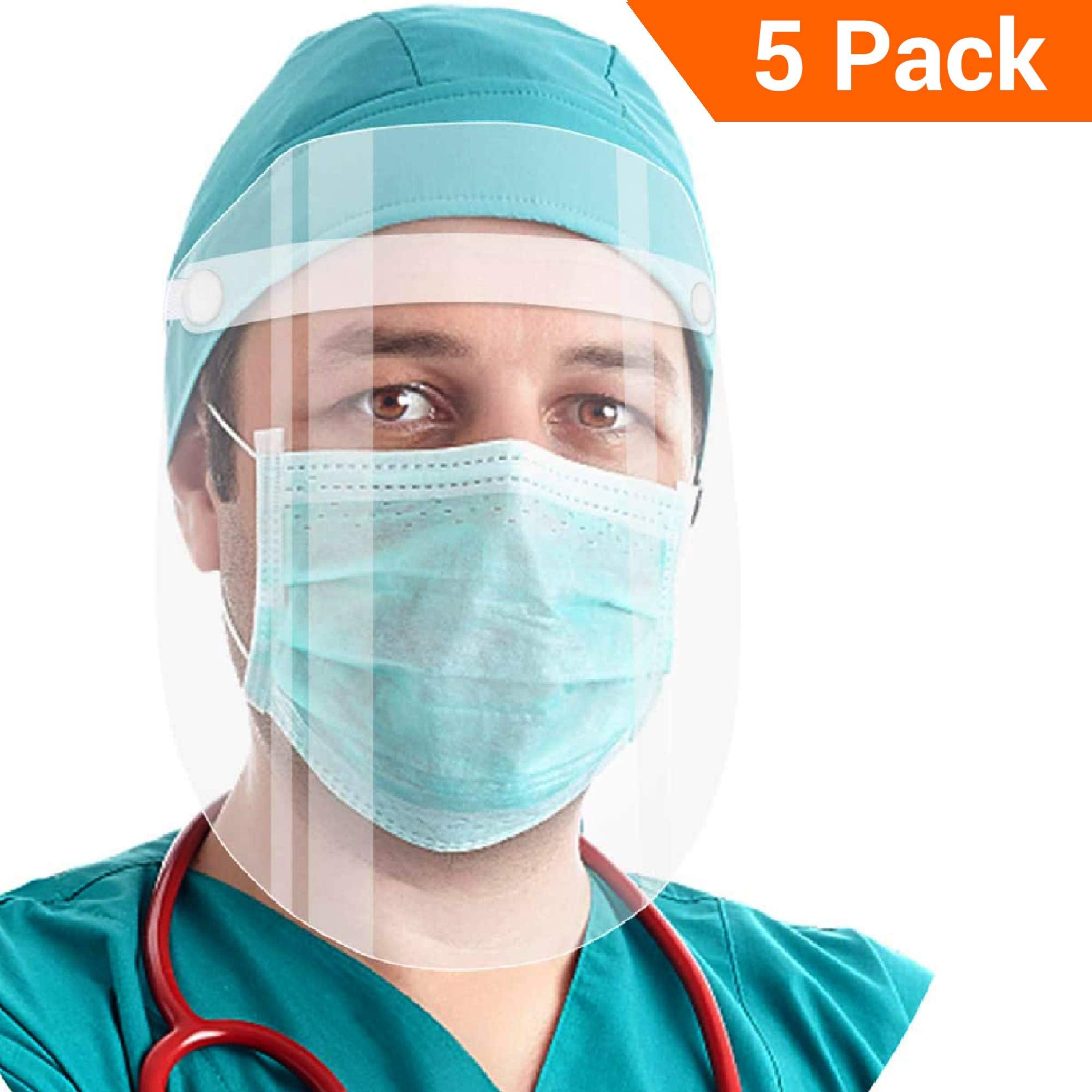 5 Pack Face Shield Protect Eyes and Face with Clear Open Protective Film Elastic Band, Windproof Dustproof Anti-Spitting Hat Shield