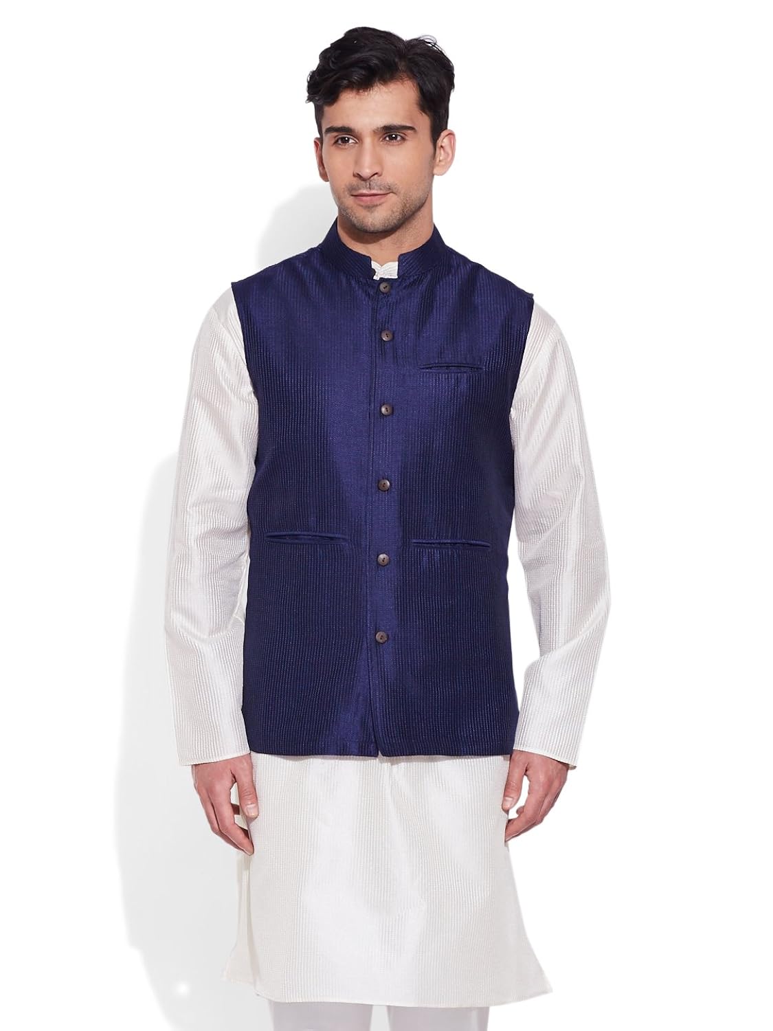 very me men's designer navy faux silk textured nehru jacket