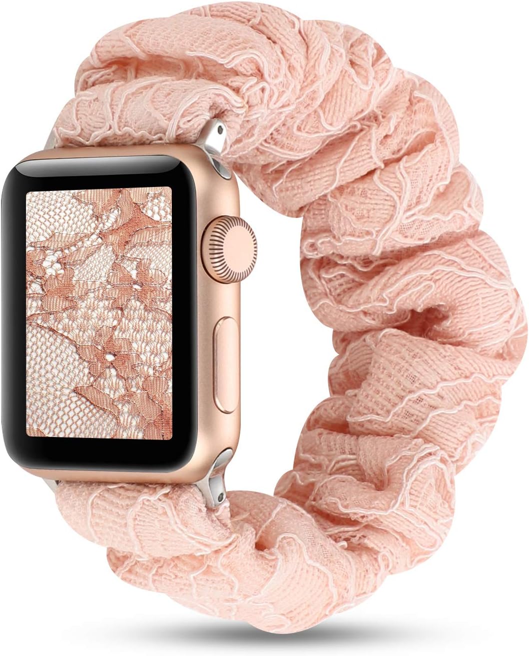 Women Scrunchie Bands Compatible for Apple Watch Band 38mm 40mm 42mm 44mm,Cute Pattern Printed Bracelet Replacement Wristbands for iWatch Series 5 4 3 2 1 (Rose Gold lace, 42/44mm)