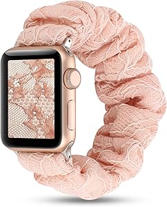 Women Scrunchie Bands Compatible for Apple Watch Band 38mm 40mm 42mm 44mm,Cute Pattern Printed Bracelet Replacement Wristbands for iWatch Series 5 4 3 2 1 (Rose Gold lace, 42/44mm)