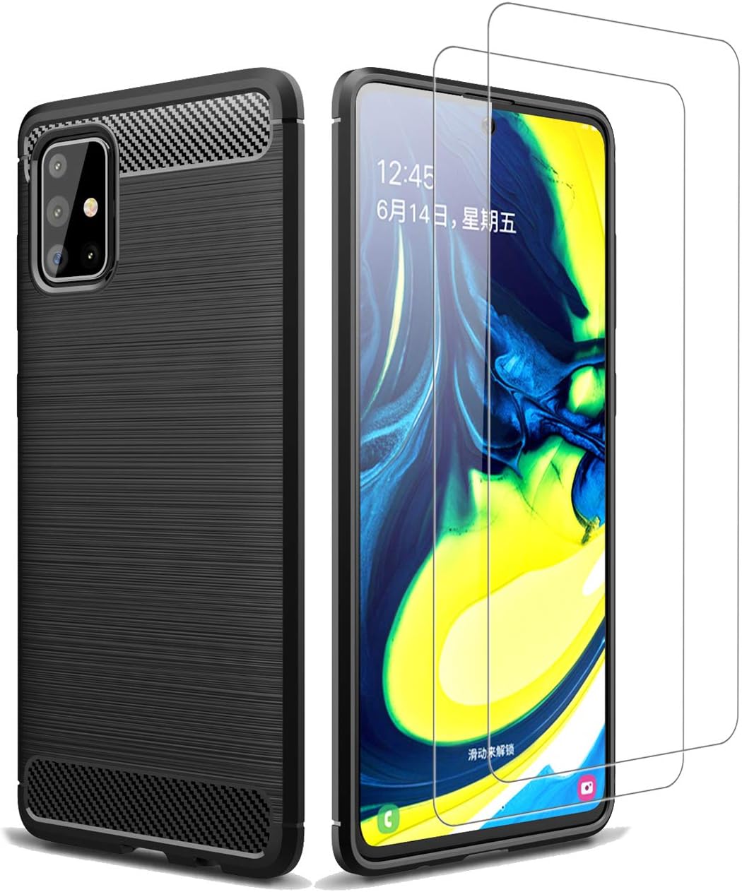 Avesfer for Samsung Galaxy A71 Case with Screen Protector Tempered Glass Lightweight Shock Absorbing Resilient TPU Cover Anti Impact Scratch Resistant Carbon Fiber (Black)