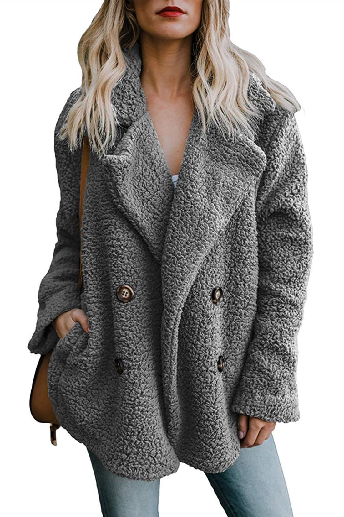 FIRENGOLI Womens Fuzzy Coat Open Front Fleece Cardigan Outerwear with Pockets Grey 2XL