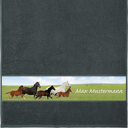 Manutextur Handtuch mit Namen - personalisiert - Motiv Tiere - Pferde - viele Farben & Motive - Dusch-Handtuch - anthrazit - 