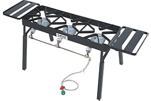 Bayou Classic TB650 Triple Burner Outdoor Patio Stove Features 13-in Tall Welded Steel Frame Three 6-in High Pressure Burners Brass Manifold w/ Three Brass Control Valves