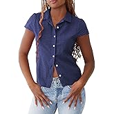 Piacakece Women Cap Sleeve Gingham Shirt Business Casual Short-Sleeve Button Down Plaid Shirts Y2K Top Blouses