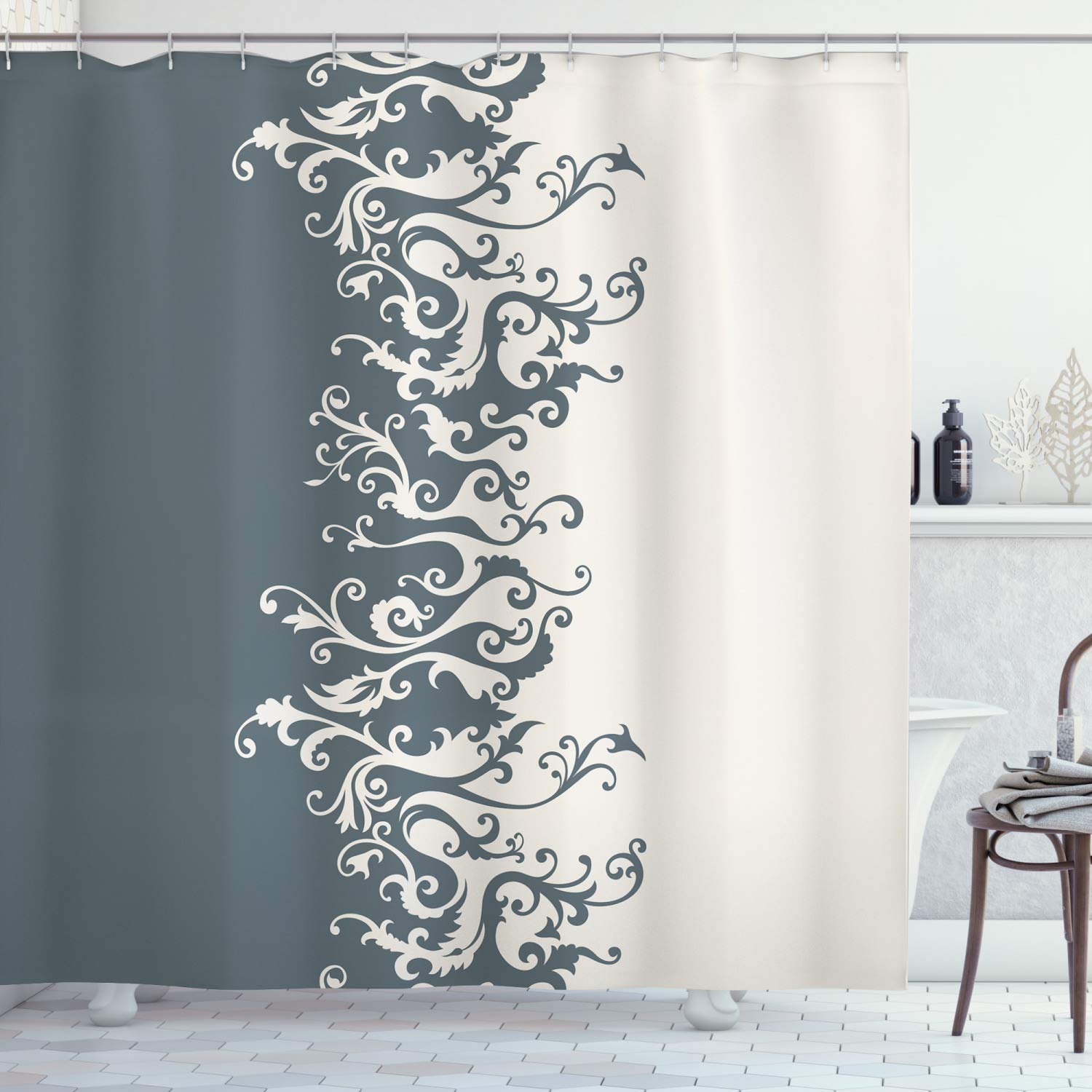 ABAKUHAUS Vintage Floral Shower Curtain, Antique Ornament in Floral Style Old Fashion Curls Baroque Revival, Cloth Fabric Bathroom Decor Set with Hooks, 94 Inches, Charcoal Grey Beige
