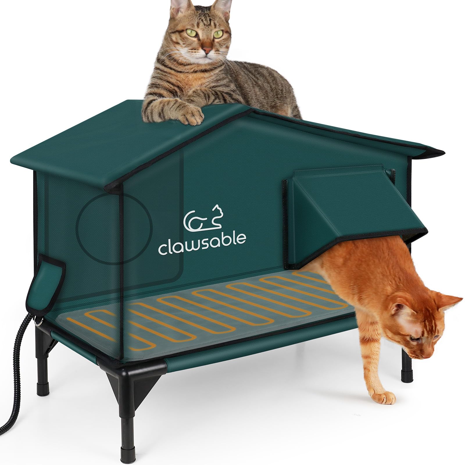 Photo 1 of Clawsable Premium Heated Cat House for Outside Winter, 100% Weatherproof, Safe Escape Door, Insulated Outdoor Cat House Shelter with Heater for Feral Barn Cat Kitty (Dark Forest Green, Large)