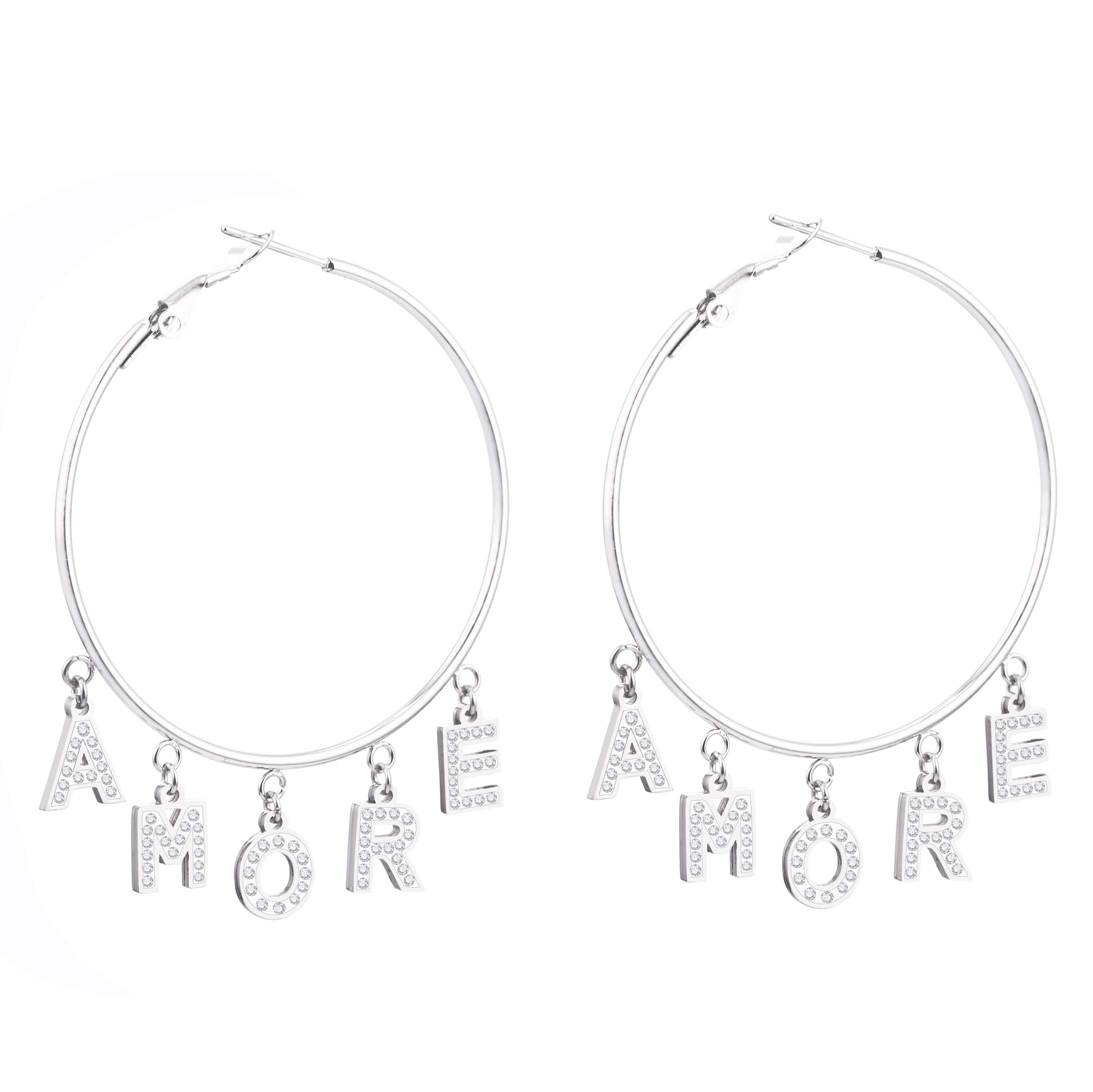 PengJin Silver Hoop Earrings for Women, Stainless Steel Letter Pendant Earrings Embedded in Shiny Cubic Zircons
