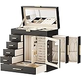 HOOBRO Jewelry Box with Mirror, Jewelry Organizer Box with Capacious Storage Space, Jewelry Holder Organizer, Hand-Held Jewelry Case, Glass Cover, Modern Style, Black and Light Gold BK06JB04G1