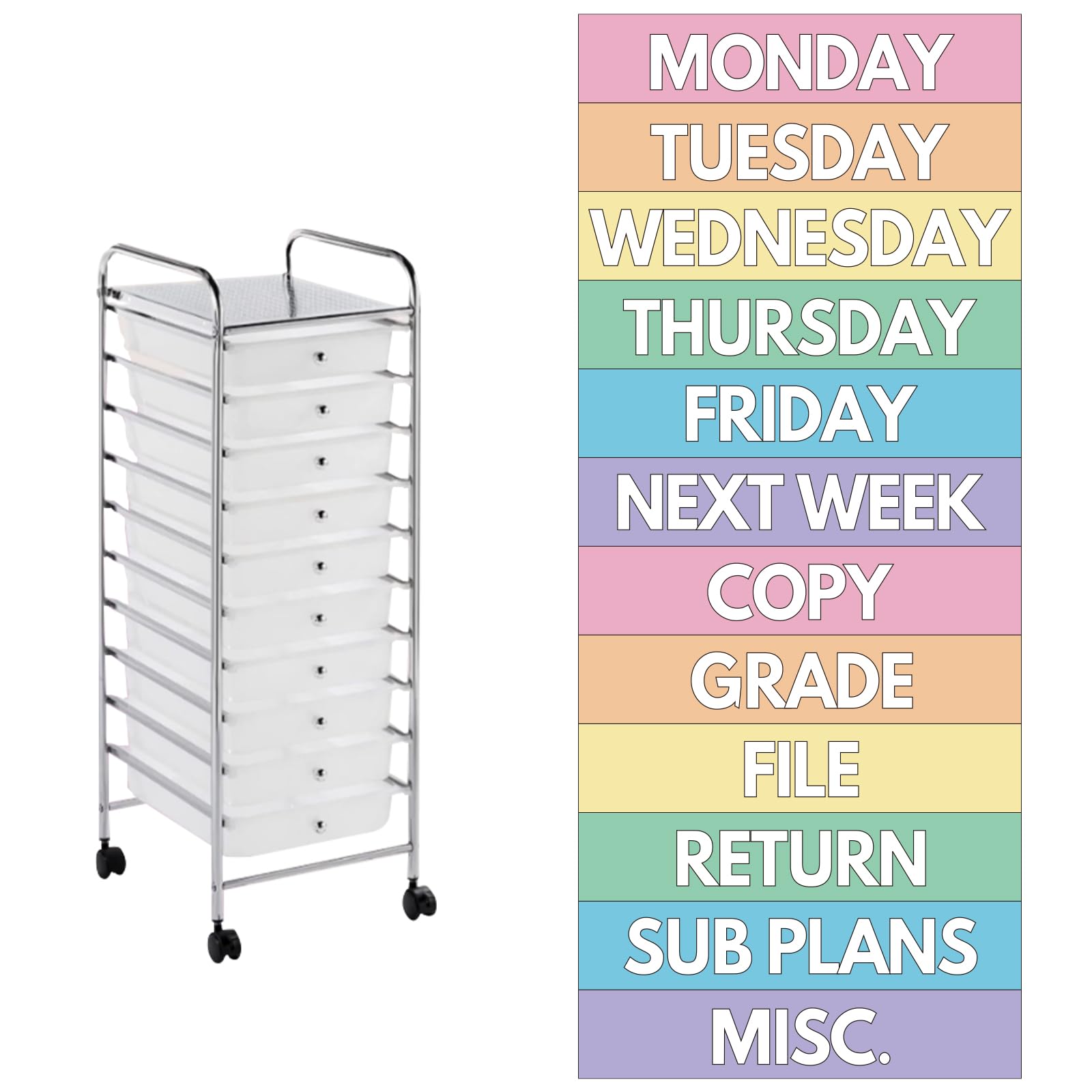 Photo 1 of 12 Pieces Rolling Storage Cart Labels 10 Drawer Rolling Storage Cart Label Pastel Classroom Decor for Teacher Office School Classroom Organization