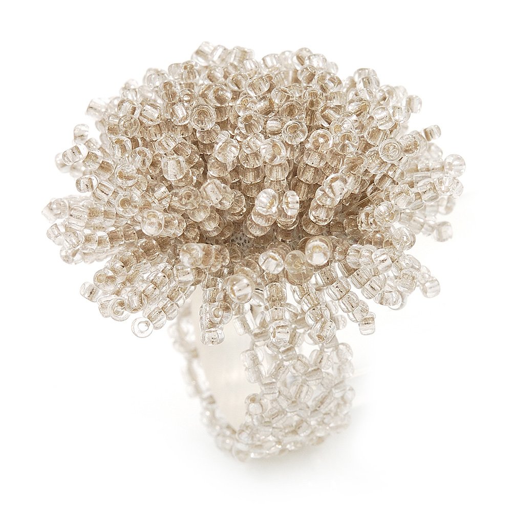 Avalaya Large White Transparent Glass Bead Flower Stretch Ring