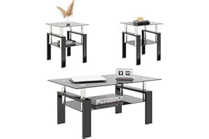 TIOPLY Living Room Tables Set,3 Piece Glass Coffee Table and End Tables Set with Tempered Glass Tabletop and Metal Frame for Living Room,Apartment, Small Space, Full Black