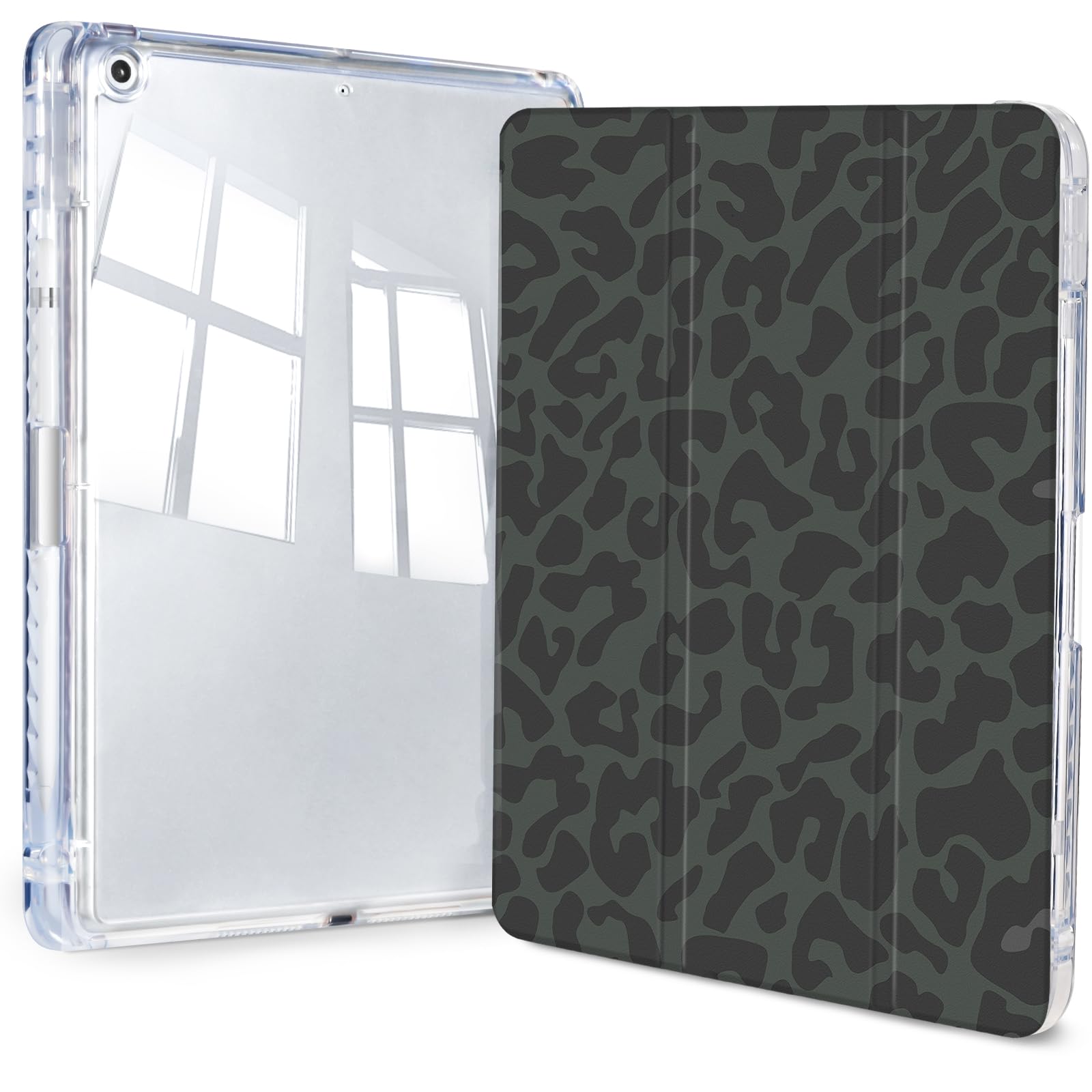 Photo 1 of Jngnpn Case for iPad 9th/ 8th/ 7th Generation Case 10.2 Inch (2021/2020/2019 Release), Slim Trifold Clear Back Transparent Cover with Pencil Holder & Auto Sleep/Wake Cover,Leopard Print