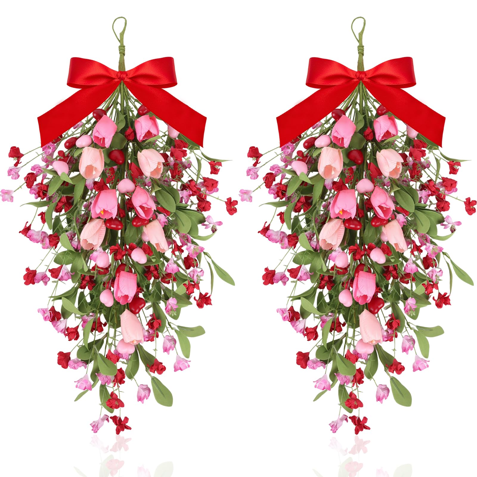 Photo 1 of 2 PCS 24" Valentine’s Day Tulip Teardrop Swag Artificial Valentines Pink Flower Swag Wreaths for Front Door with Berry Green Leaf Lavender Valentines Heart Wreaths with Ribbon Hanging Decor for Wall