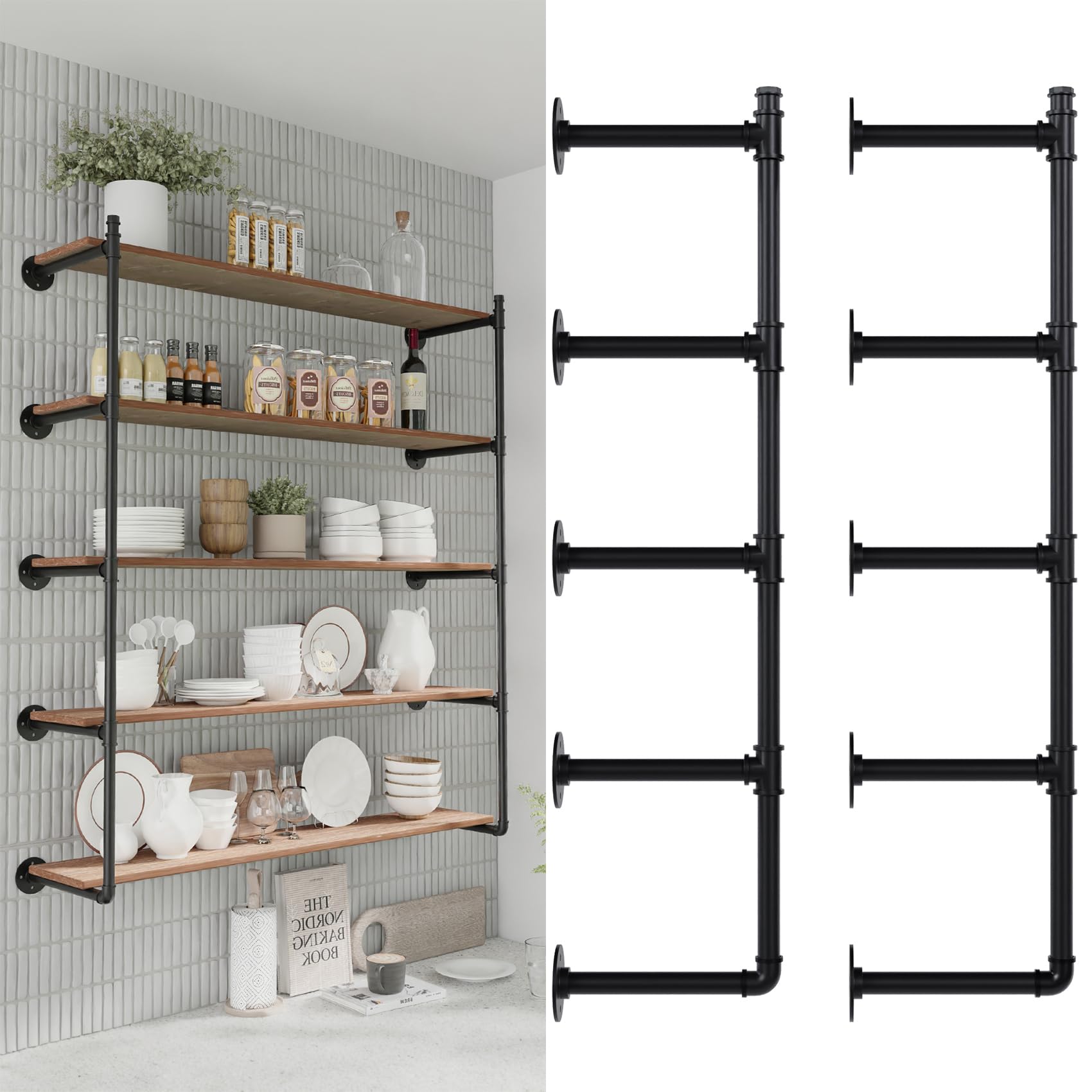 Photo 1 of YCCO Industrial Pipe Shelf Brackets Wall Mount,Open Black Pipe Shelving for Kitchen,Floating Shelf Brackets Mount,Open Bookshelf Brackets for Shelves,Wall Shelves 12 Inch Deep(2PcsX5Tier,61" Tall)