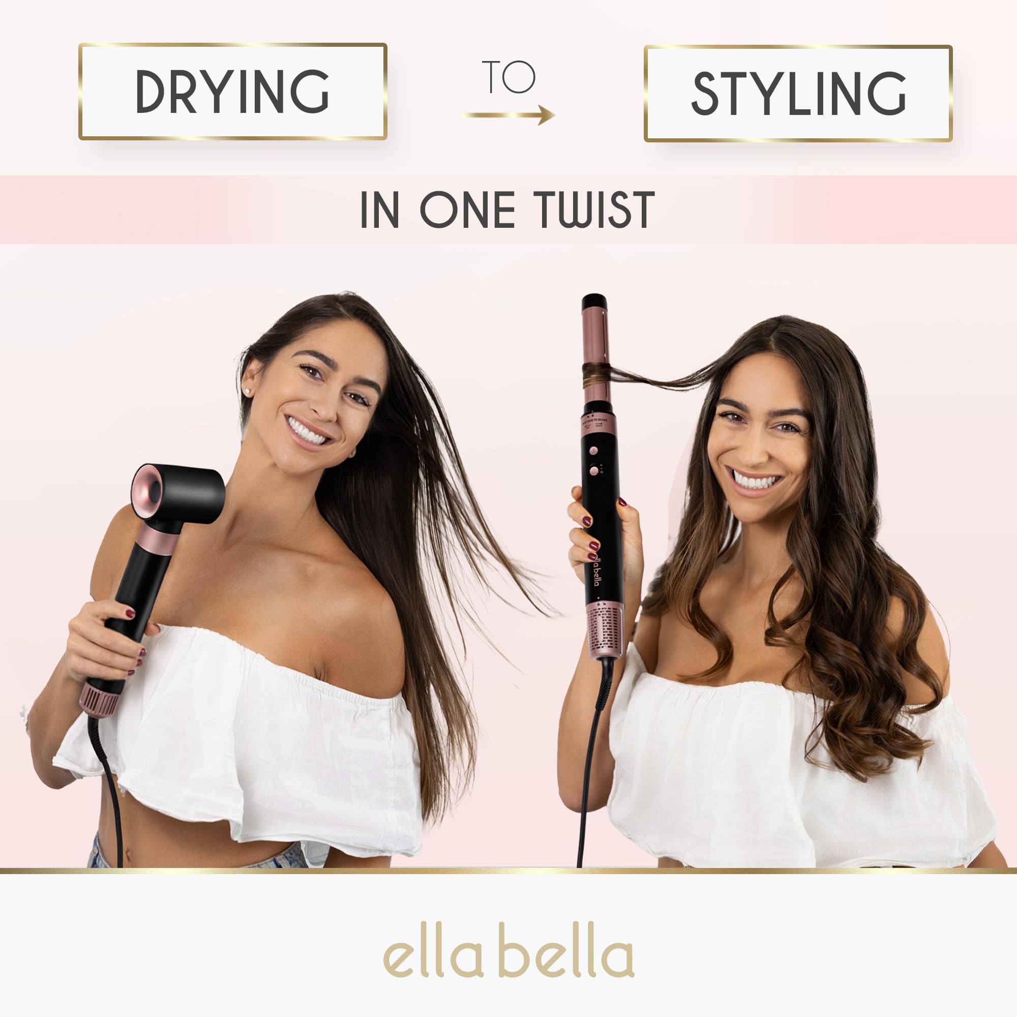 ELLA BELLA 6 in 1 Professional Hot Air Styler • Powerful Hair Dryer & Straightener Set • Styling Without Heat Damage • Fast Drying Curling Volumizing Straightening • Includes Protective Travel Case