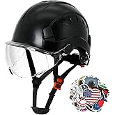 AOLAMEGS Construction Hard Hats for Men - ANSI Z89.1 OSHA Approved Safety Helmets, Black Hard Hat, Adjustable Vented Construction Hat with Clear Visor and Chin Strap, High Impact ABS Hardhats