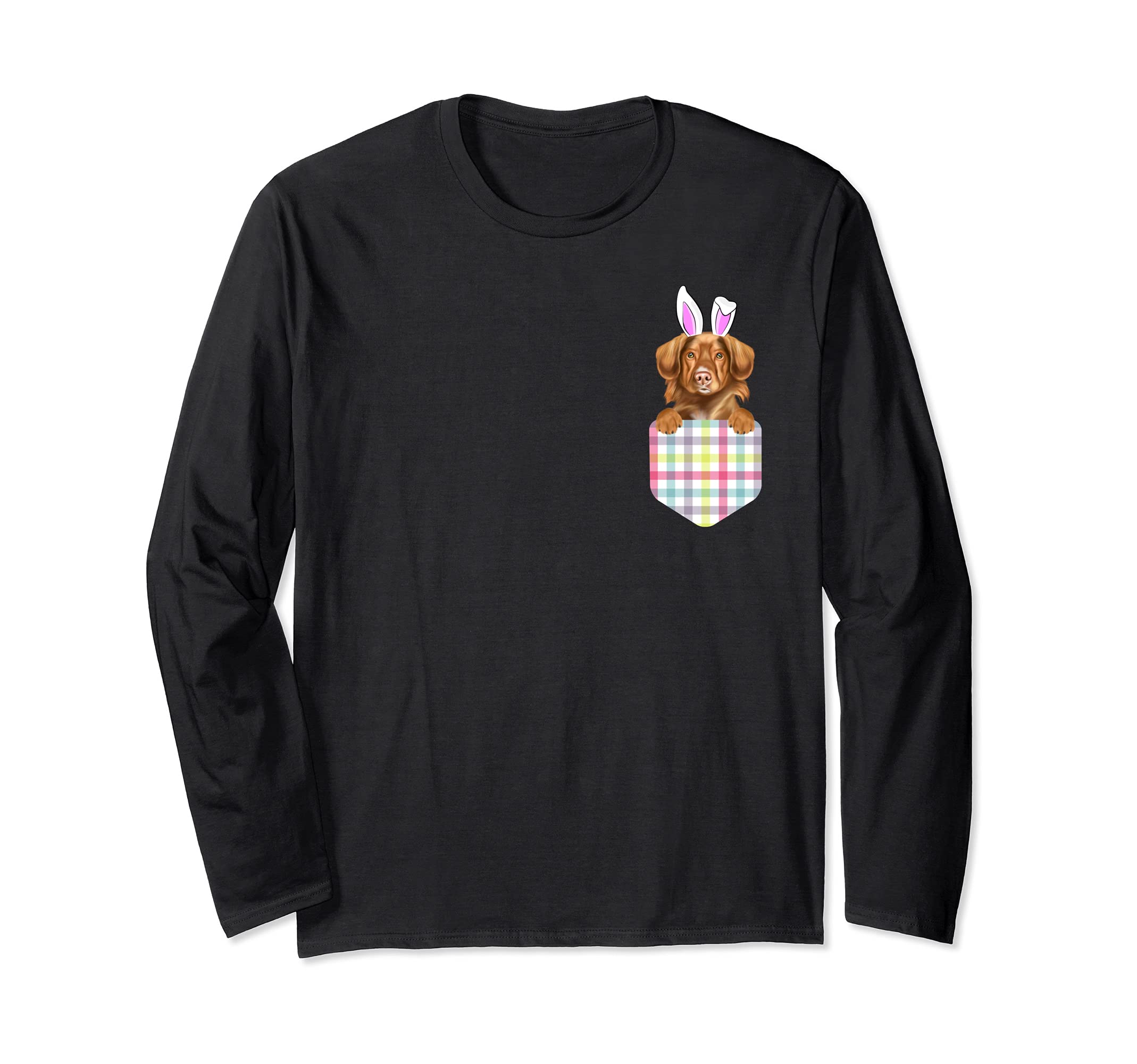 Easter Plaid Duck Tolling Retrievers Bunny Dog In Pocket Long Sleeve T-Shirt
