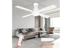 Consciot Ceiling Fan With Lights, 52 Inch Modern Low Profile Ceiling Fan, Remote Control, Quiet Reversible DC Motor, Dimmable 3 Color, 4 Double Finish Blades, Flush Mount, Indoor Only, White