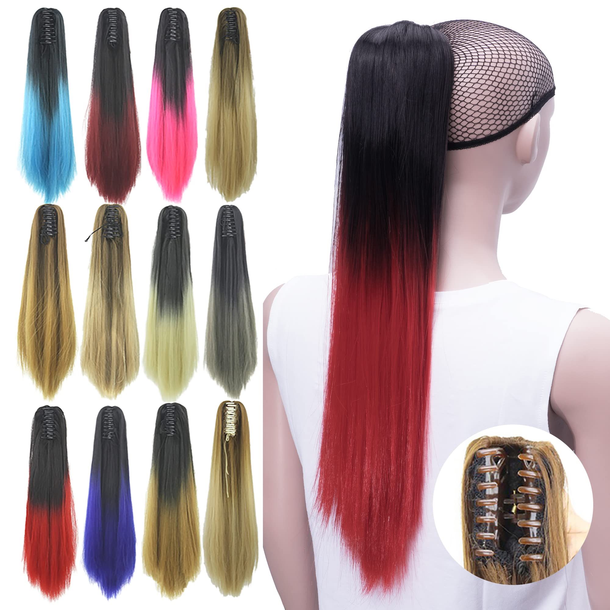 IMISSU Straight Clip on Hairpiece Extensions Pony Tail Clip Claw Ombre Ponytail Hair Pieces (Ombre Red)