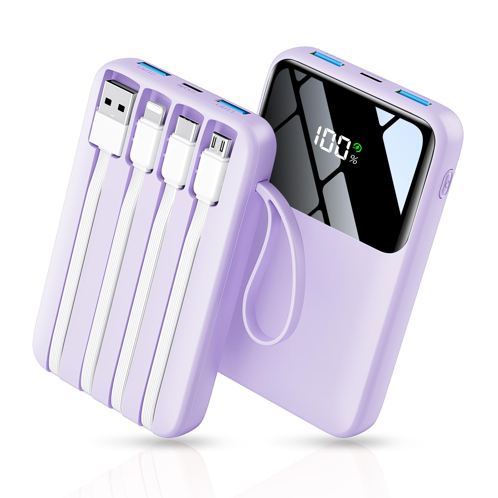 Power Bank, 15000mAh Portable Charger with Built in Cable, 22.5W Fast Charging, 6 Outputs, Slim Travel Essential Battery Pack with LED Display, Compatible with iPhone 17/16/15/14/13, iPad Purple Image