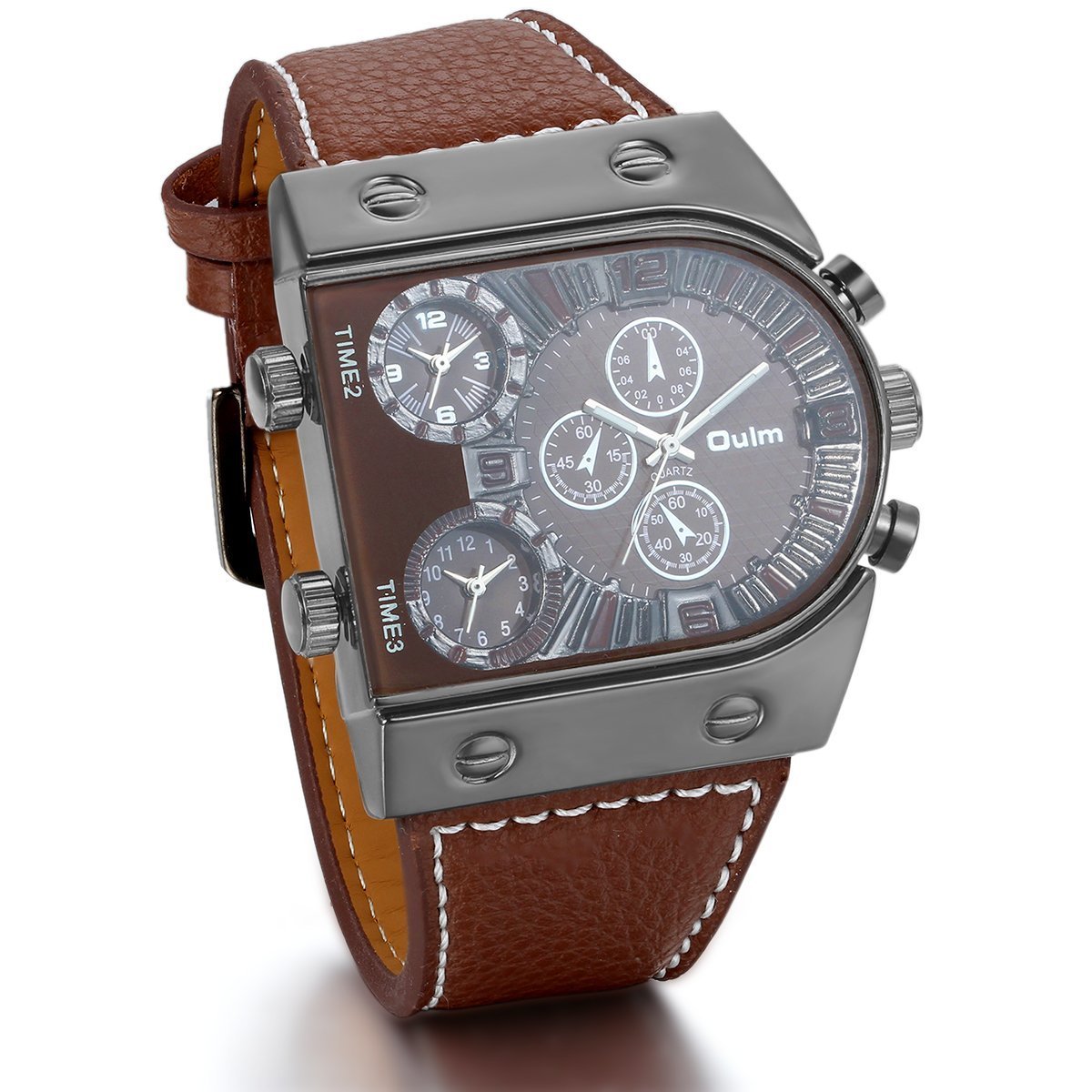JewelryWe Mens Oversize 3 Time Zone Military Sport Leather Quartz Watch,Coffee