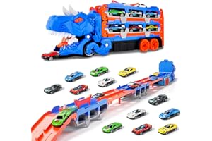 Dinosaur Race Track Toys for Kids 3-5, Cars Toys Set Dinosaur Transporter Truck with 12 Die-Cast Cars,Transforming Dino Truck