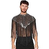 WDIRARA Men's Fringe Trim Mock Neck Sleeveless Sequin Party Hooded Vest Top