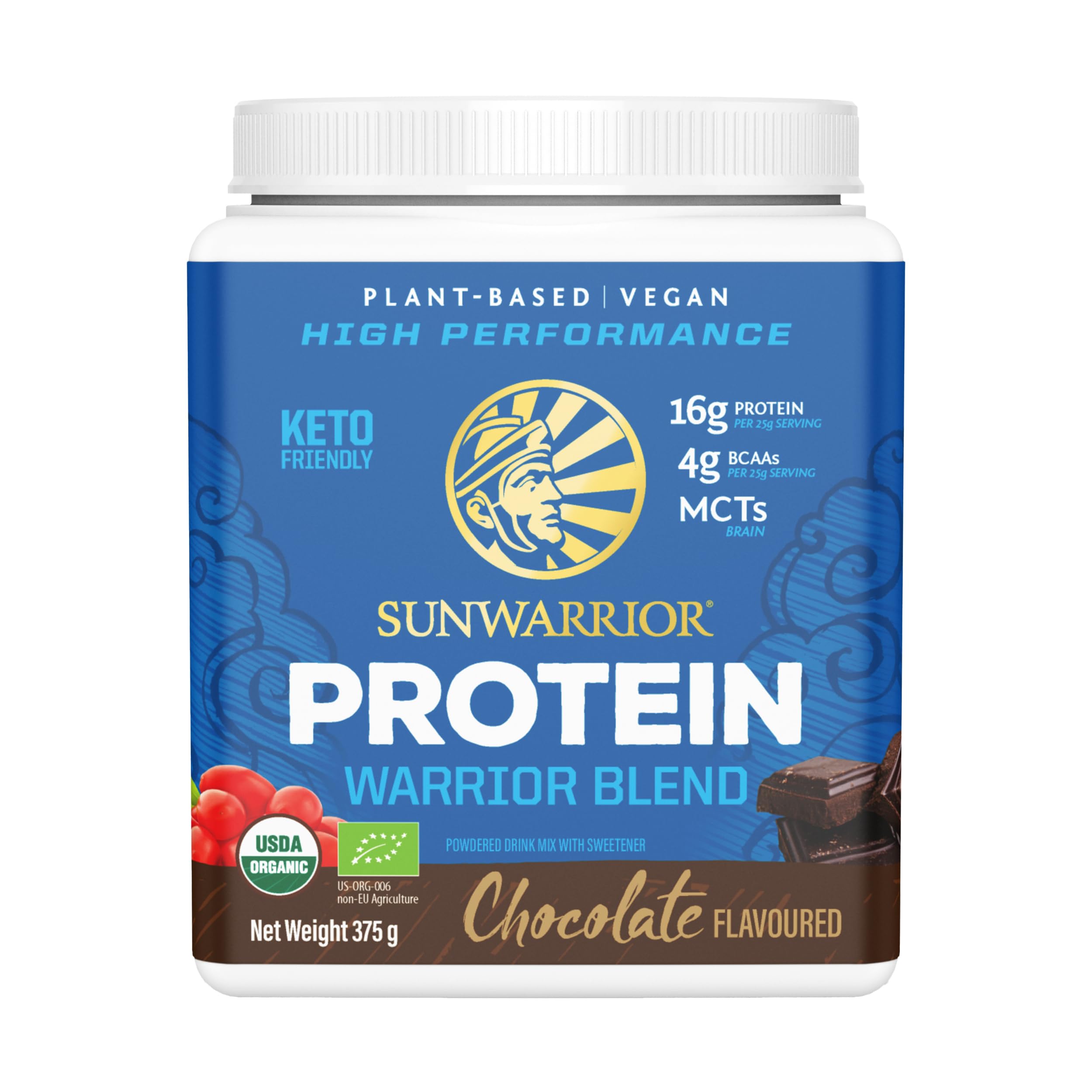 Sunwarrior - Warrior Blend - Plant Based Raw Vegan Pea Protein Powder with Hemp Protein and MCTs from Coconut - Chocolate - 375g