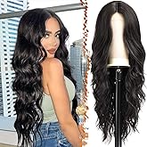 BARSDAR Long Wavy Black Wig - Long Wavy Middle Part Black Wig for Women - 26 Inch Natural Looking Thick Soft Synthetic Hair Replacement Wigs Daily Party Halloween Costume Wigs