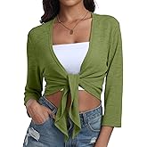 PrinStory Women's Tie Front Shrug 3/4 Sleeve Bolero Cardigan Lightweight Summer Casual Short Shawl Top S-4XL
