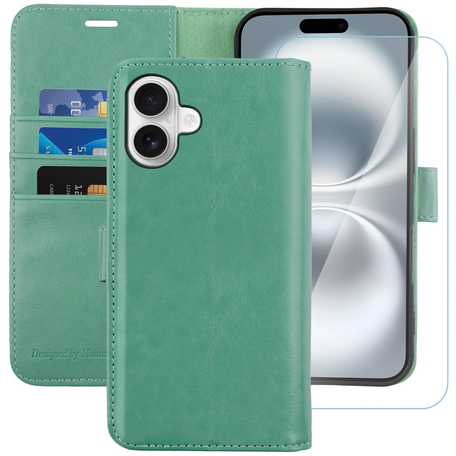 MONASAY for iPhone 16 Plus 5G Wallet Case,[Glass Screen Protector Included] [RFID Blocking] Flip Folio Leather Cell Phone Cover with Credit Card Holder, 6.7-inch, Mint