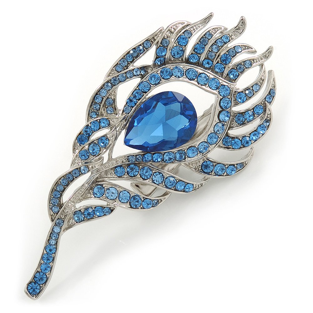 Exotic Blue Crystal 'Peacock Feather' Brooch/Hair Clip In Rhodium Plating - 8cm L