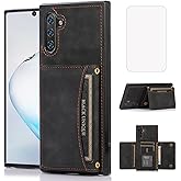 NKECXKJ Design for Samsung Galaxy Note 10 Wallet Case with Tempered Glass Screen Protector PU Leather Credit Card Holder Slot Phone Cases Kickstand Shockproof Protective Cover for Men 6.3 inch Black