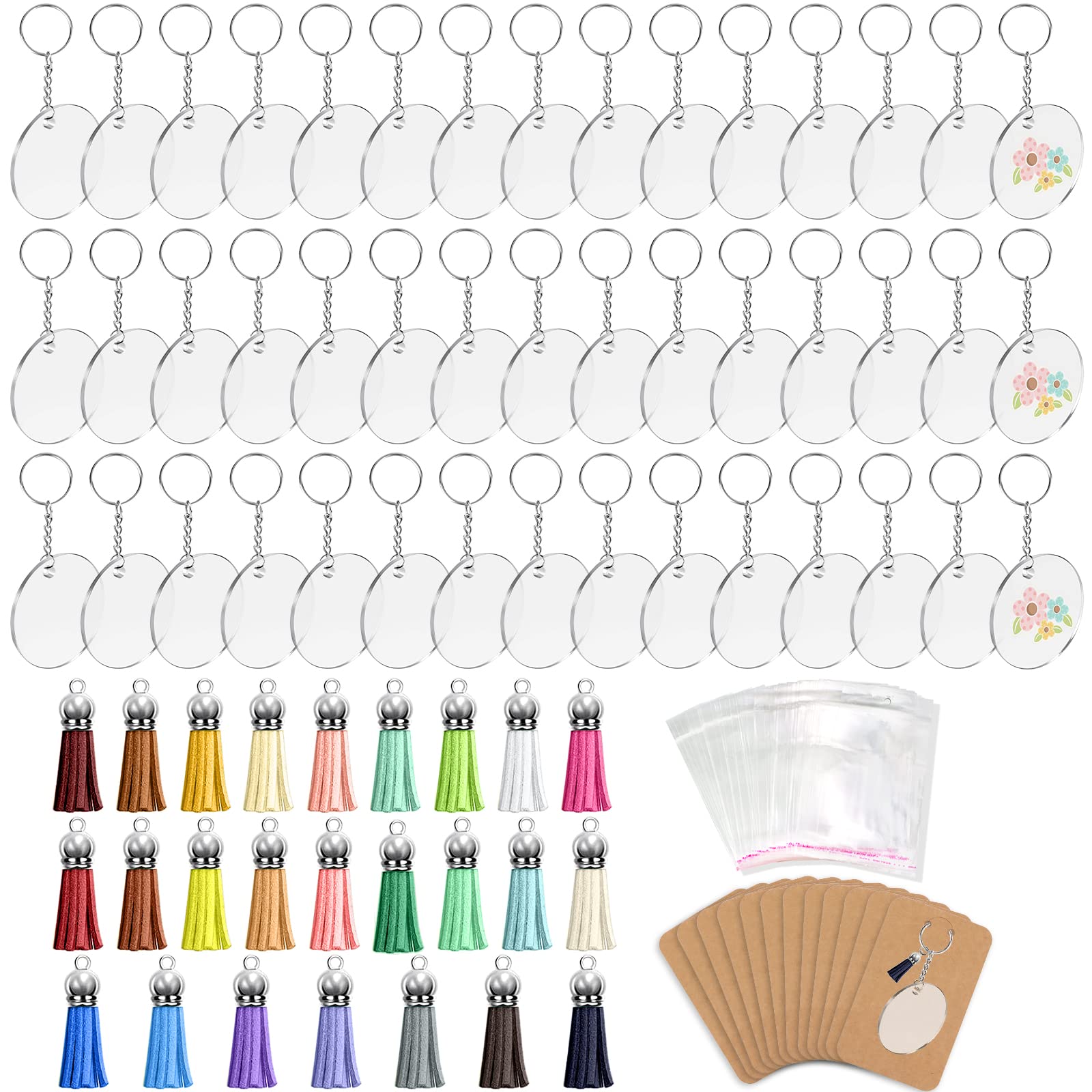 ZYNERY 300 PCS Acrylic Keychain Blank Set, Key Chain for Vinyl Key Come with Acrylic Blank Bulk( 2 Inch), Keychain Display Cards, Tassels, KeyChain Ring, Jump Rings for DIY Keychain Vinyl Crafting (A)