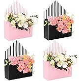 FYSUIMU 4Pcs Valentine's Day Floral Envelope Box Empty Flower Stripe Paper Box Florist Bouquet Gift Packaging Box for Mother's Day Wedding Birthday Party Arrangements, Pink Black