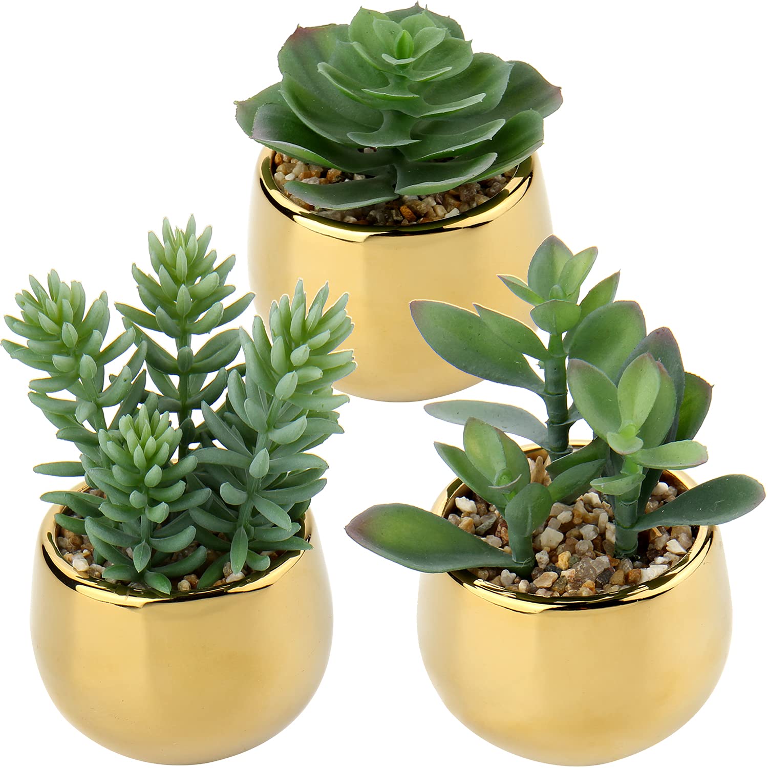 Briful 3 PCS Artificial Plants Fake Succulent Plants - Artificial Succulents in Geometric Gold Ceramic Pots - Fake Succulent Indoor Plant for Home Office Bathroom Shelf Decor