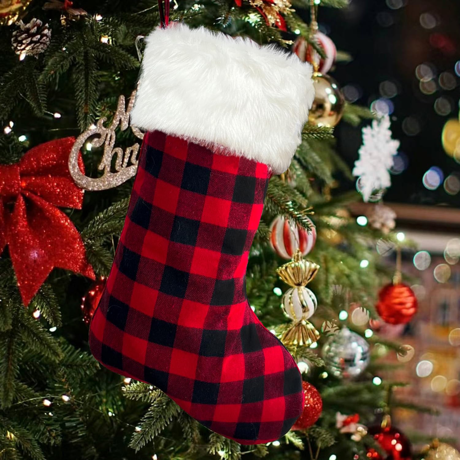 Mauts 23 "Black and White Christmas Stocking, Classic Square Pattern, Used for Gift Box Mantel Decorative Party Christmas (Black and Red) — image 1