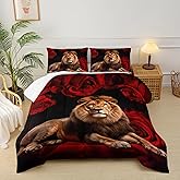 lneffble Lion Comforter Set Queen Size for Boys Girls,Flower Rose Animals Bedding Set,Safari Wild Animal Quilt Set Lion Bed Set,Romantic Rose Theme Wedding Black Red Bedding Set