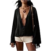 MakeMeChic Women's Chiffon Deep V Neck Blouse Bell Sleeve Party Night Out Shirt Tops