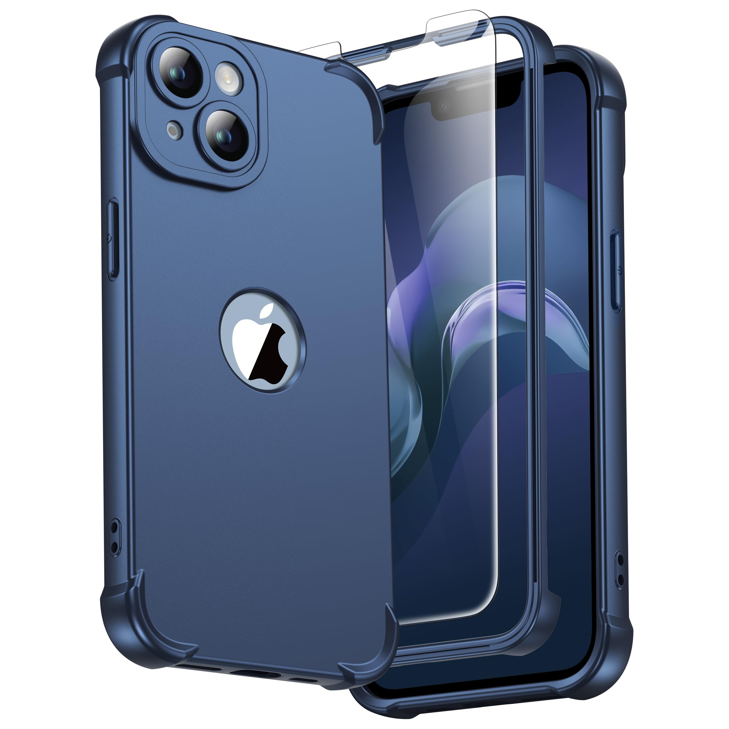 ORETECH Silicone Case for iPhone 14 Plus Case, with [2 x Tempered Glass Screen Protector] [Camera Protection] [Military Grade Protective] 360 Shockproof Thin Slim Fit Rubber Bumper Cover - Blue