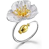 Lotus Fun S925 Sterling Silver Ring Blooming Poppies Flower Open Ring Handmade Natural Jewelry Unique Gifts for Women