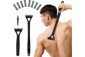 ETbyto Back Shavers for Men with Foldable Long Ergonomic Handle: DIY Hair Shaver, Replaceable Safety Blade & Portable Razor Groomer for Men, Wet & Dry Shaving - Black (8PCS Blades Included)