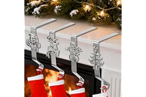 ANOEPUY Stocking Holders for Mantel, 4 PCS Mantle Garland Hanger，Snowman, Reindeer, Christmas Tree and Father Christmas Designs, with Non-Slip Base Hooks, Silver