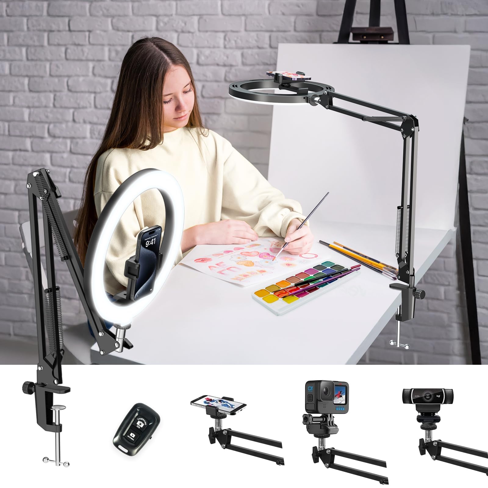 Overhead Phone Mount with Ring Light, Luxsure 10" Ring Light with Tripod Stand & Phone Holder, RingLight Overhead Tripod with Remote, Ideal for Live Stream/Nail Art/Drawing/Video Recording